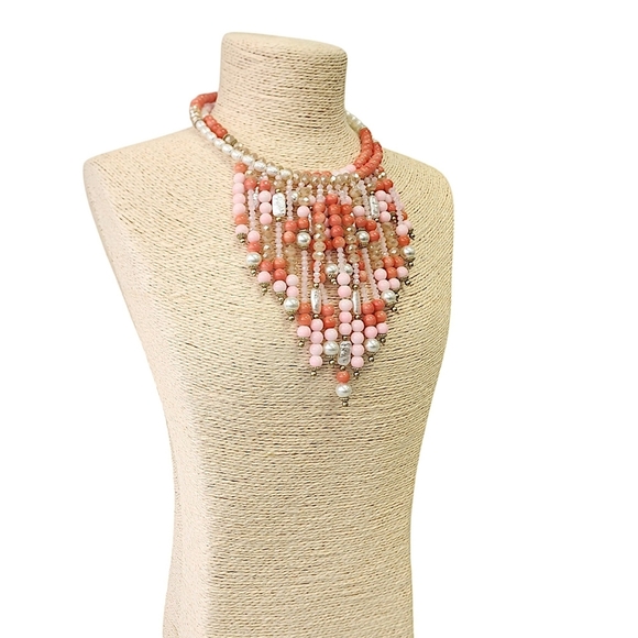 Boho Coral Pink Beaded Bib Necklace Statement Jewelry - Picture 3 of 5